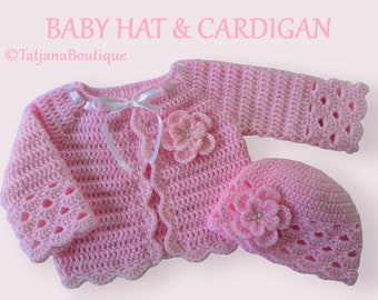 Crochet Baby Cardigan and Hat Set, baby gift crochet hat and cardigan, crochet pink white baby girl clothes, crochet baby hat and sweater