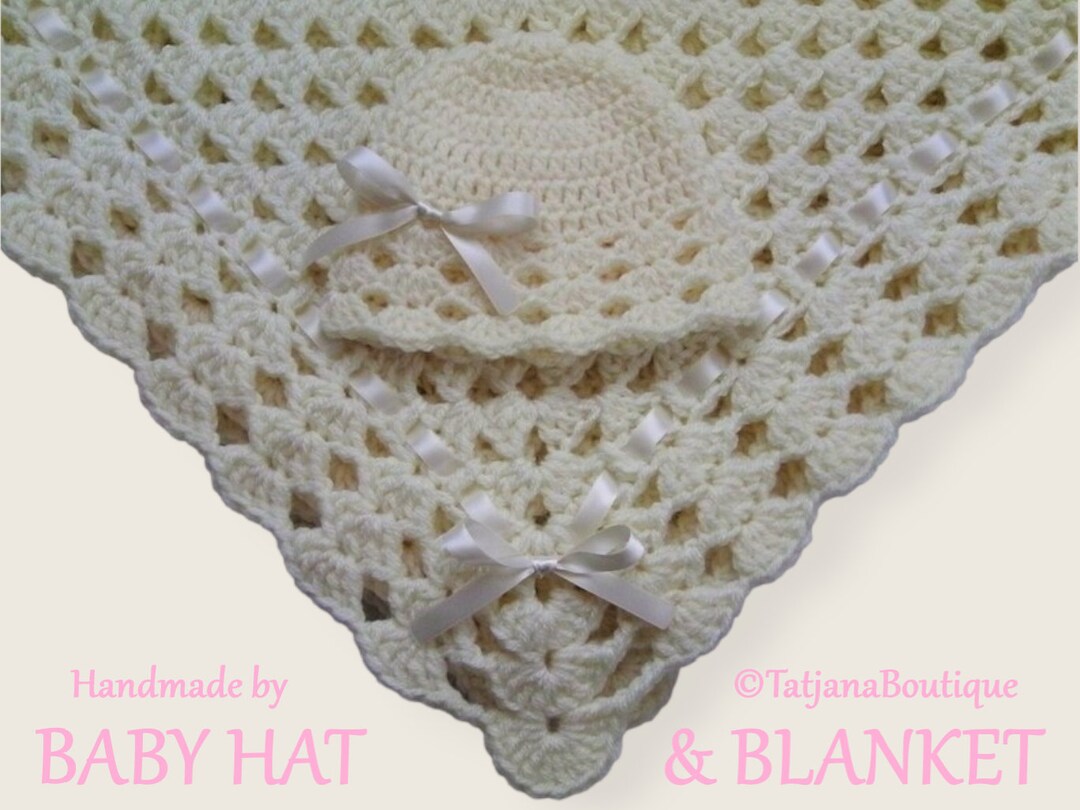 Crochet Baby Blanket and Hat Set, Ivory Baby Blanket and Hat, Crochet Ivory Baby Hat and Blanket