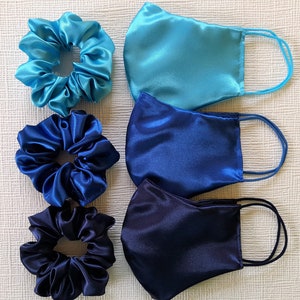 Satin Silk Face Mask, Satin Scrunchie, Satin Cotton Face Mask Wedding, Satin Turquoise Royal Blue Navy Face Mask, Blue Navy Silk Scrunchies