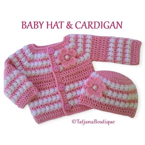 Crochet Baby Cardigan and Hat set, candy pink white baby cardigan, pink white hat, baby gift, baby shower, photo prop, pink baby cardigan