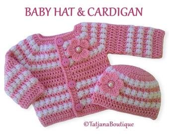 Crochet Baby Cardigan and Hat set, candy pink white baby cardigan, pink white hat, baby gift, baby shower, photo prop, pink baby cardigan