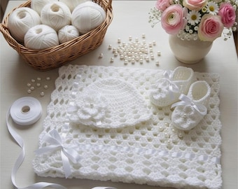 Crochet Pattern Baby Blanket, Hat and Booties, Satin Ribbon and Pear Beads Details, PDF32