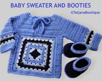 Crochet Baby Sweater and Booties set, baby shower gift, baby blue navy jumper and booties, baby clothes set, baby boy crochet clothes set