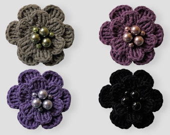 Crochet Flower Brooch, Crochet Brooches, women brooch, flower pin brooch, brooch with pearl beads, grape khaki black violet crochet brooch