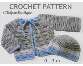 May include: Crochet pattern for a gray and blue baby cardigan and hat, size 0-3 months. The cardigan has a tie closure and the hat is a simple beanie style.