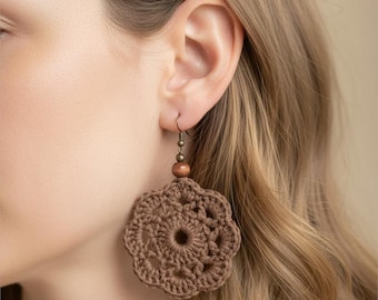 Brown Crochet Earrings, Boho Cotton Handmade Jewelry, Women Gift