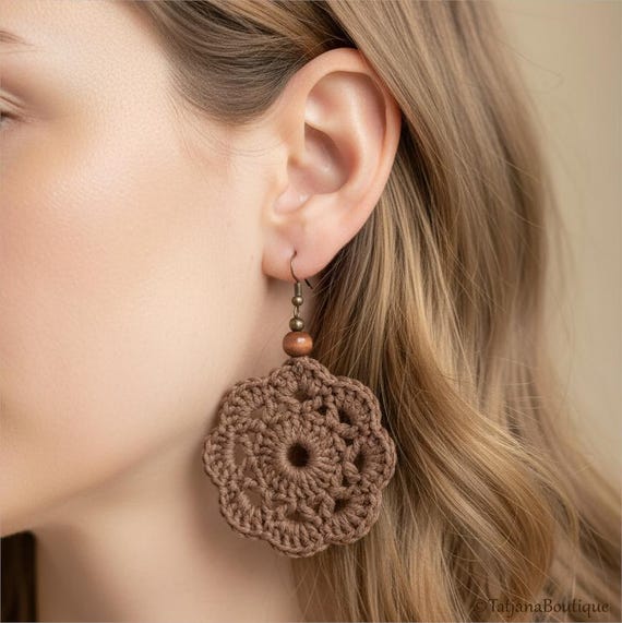 Brown Crochet Earrings, Boho Cotton Handmade Jewelry, Women Gift