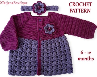 Häkelanleitung Baby Cardigan Kleid und Stirnband, 6-12 Monate, PDF #162
