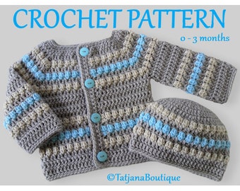 Crochet Pattern Baby Cardigan and Hat, Baby Cochet Cardigan Pattern, baby grey beige turquoise sweater hat, baby cardigan and hat, PDF #69