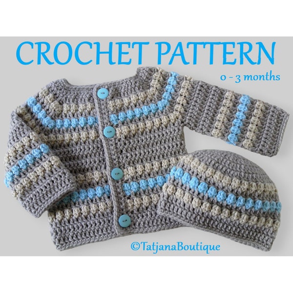 Crochet Pattern Baby Cardigan and Hat, Baby Cochet Cardigan Pattern, baby grey beige turquoise sweater hat, baby cardigan and hat, PDF #69