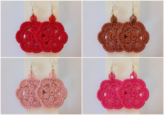 Crochet earrings, handmade earrings, handmade gift, handmade jewellery, women earrings, red clay pink cerise flowers cotton crochet earrings
