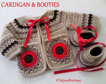Crochet Baby Cardigan and Booties, baby gift beige red brown cardigan and booties, crochet red flowers, baby girl outfit, baby shower gift