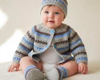 Patrón de cárdigan, gorro y patucos de ganchillo para bebé, de 3 a 6 meses, PDF n.º 199