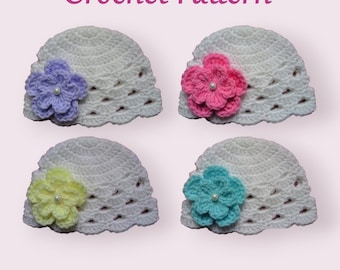 Patrón de gorro de bebé de ganchillo con flores, talla recién nacido, PDF n.° 158