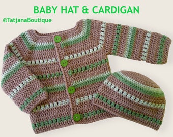 Crochet Baby Cardigan and Hat set, baby shower gift, baby beige green hat cardigan beanie, baby clothes set, baby boy crochet clothes set