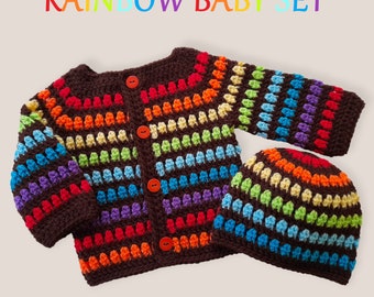Rainbow Crochet Baby Hat and Cardigan, crochet baby clothes set, rainbow colours unisex baby crochet hat sweater cardigan size 0 - 3 months
