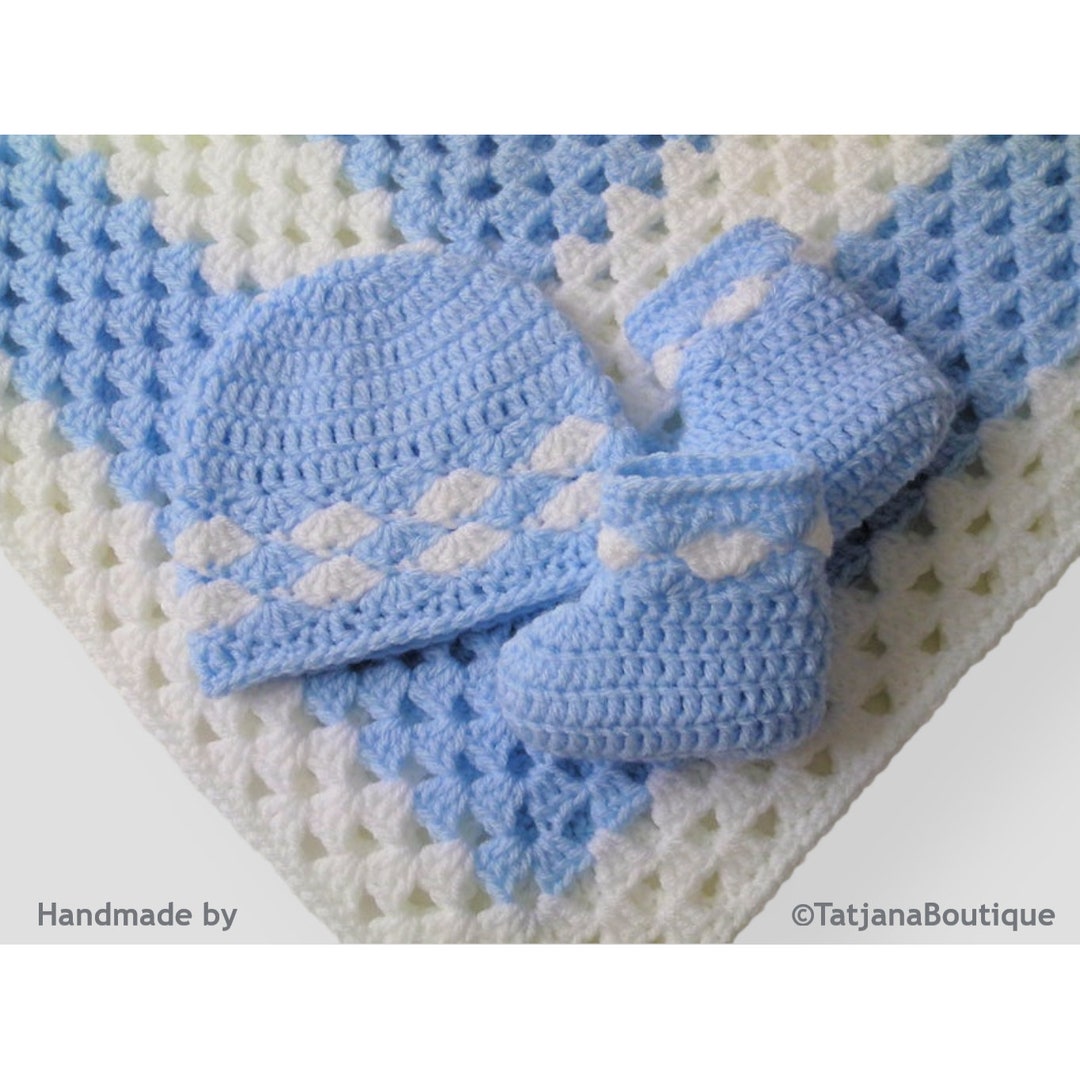 Crochet Baby Blanket, Hat and Booties Set, Blue White Baby Blanket