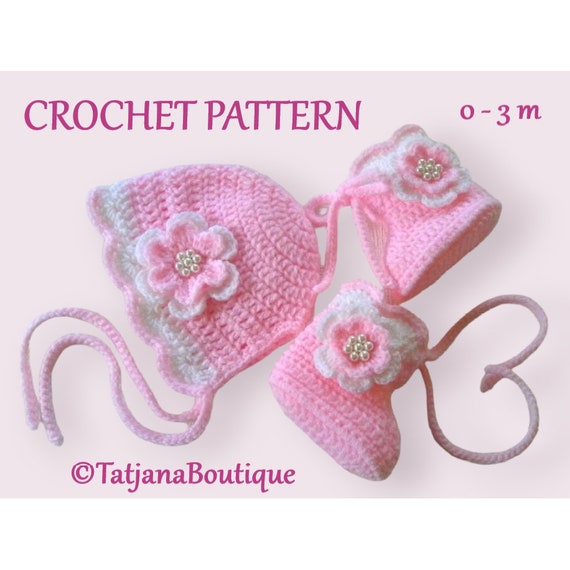 Crochet Pattern Baby Bonnet and Booties, Baby Hat Booties Crochet