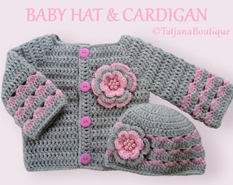 Crochet Baby Cardigan and Hat Set, baby gift crochet hat and cardigan, crochet grey pink baby girl clothes, crochet baby hat and sweater