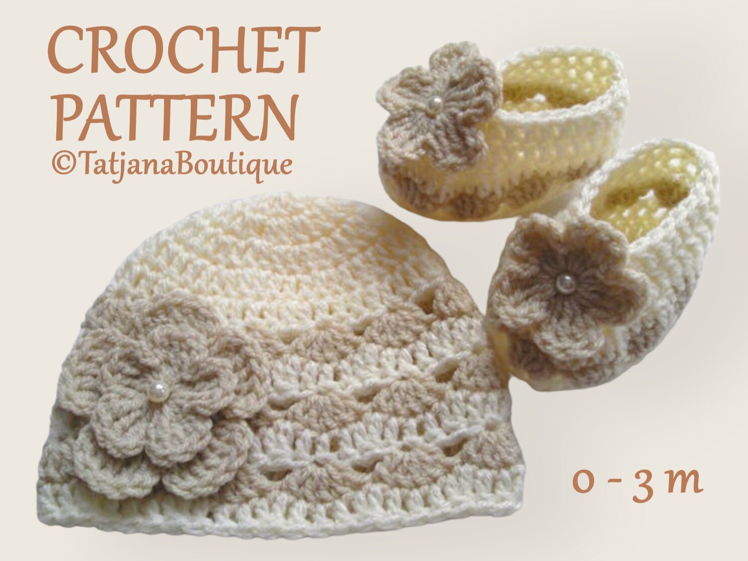 Crochet Baby Hat and Ballerina Booties Pattern, Flower & Pearl