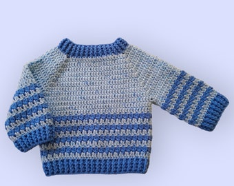 Crochet Baby Sweater, crochet baby clothes blue jumper, unisex baby crochet sweater jumper, blue baby sweater size 6 - 12 months