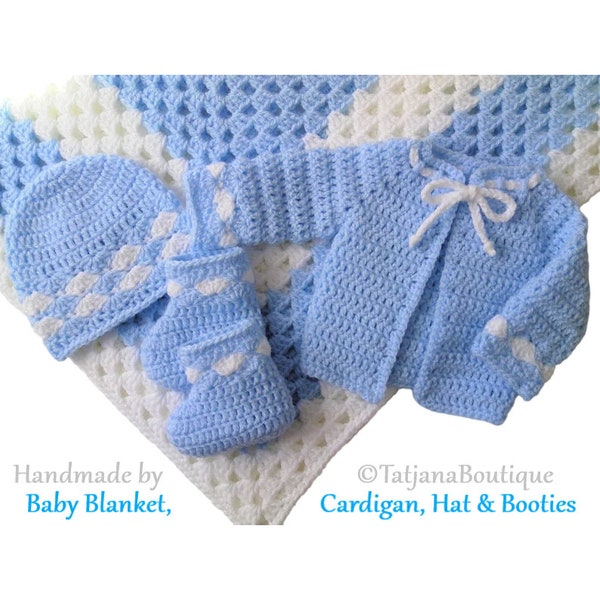 Crochet Baby Blanket, Hat, Cardigan and Booties Set, blue white baby blanket, blue white baby hat, cardigan and booties, baby shower gift