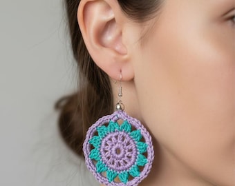 Handmade Crochet Earrings, Lilac Purple Turquoise Lemon Cotton Boho Jewelry