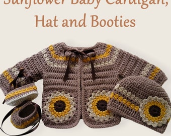 Sunflower Crochet Baby Cardigan, Hat and Booties Set, baby clothes set, crochet cardigan hat booties, crochet sunflowers, baby shower gift
