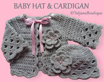 Crochet Baby Cardigan and Hat Set, baby gift crochet hat and cardigan, crochet grey pink baby girl clothes, crochet baby hat and sweater