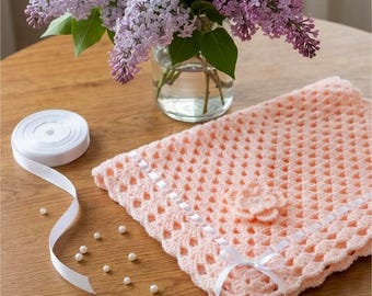 Crochet Baby Blanket Pattern with Satin Ribbon and Flower Details, PDF#38