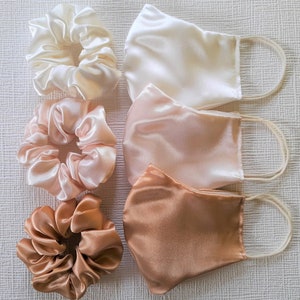 Silk Satin Face Mask, Satin Scrunchie, Satin Cotton Face Mask Wedding, Satin Cream Champagne Gold Face Mask, Satin Cream Gold Scrunchies