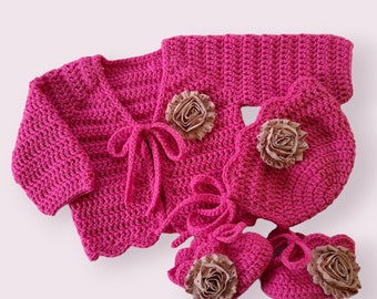 Crochet Baby Cardigan, Bonnet and Booties Set, baby gift crochet hat and cardigan, crochet pink baby girl clothes, crochet baby set