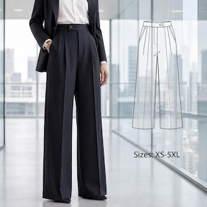 Puede incluir: Pantalones de talle alto y pernera ancha en tela azul marino oscuro con finas rayas verticales. Los pantalones cuentan con cierre de botón en la cintura, bolsillos laterales y bragueta. Se muestra un dibujo técnico de los pantalones con el texto Sizes: XS-5XL.