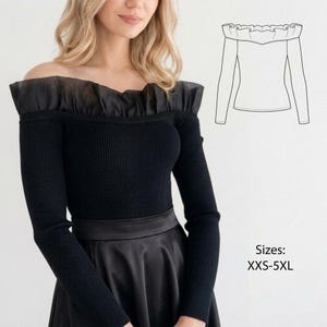 May include: Black off-the-shoulder top with long sleeves. The top features a ribbed knit bodice and a ruffled neckline. A sketch of the top is shown on the right. The sizes available are XXS-5XL.