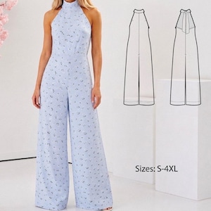 May include: A light blue sleeveless jumpsuit with a small white floral pattern, featuring a high halter neckline and wide-leg trousers. Next to the jumpsuit is a black and white line drawing showing the front and back views, with text: Sizes: S-4XL.