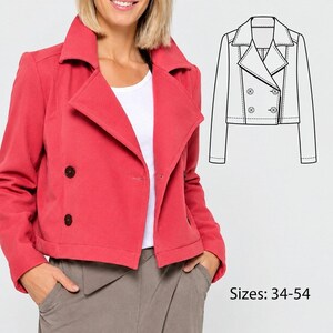 Peut inclure: Une veste courte rouge à double boutonnage avec un large col, des manches longues et quatre boutons foncés. Un dessin technique blanc de la veste est affiché à droite, accompagné du texte "Sizes: 34-54" dans le coin inférieur droit.
