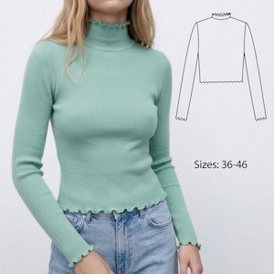 Fitted Long Sleeve Top Sewing Pattern, Turtleneck Knit Tee, Beginner Friendly (PDF Download)