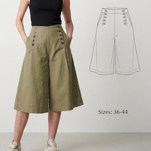May include: Olive green culottes with large, dark buttons down the front. The model is wearing a black vest top and trainers. A line drawing of the culottes is shown on the right, with the text "Sizes: 36-44".
