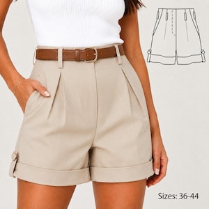 High Waisted Pleated Shorts Sewing Pattern, Cuffed Tailored Summer Shorts (PDF Download)