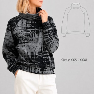 Könnte beinhalten: Ein schwarz-graues Langarm-Sweatshirt mit hohem Wasserfallkragen und strukturiertem abstraktem Muster. Das Kleidungsstück hat Raglanärmel und gerippte Bündchen. Eine Strichzeichnung des Sweatshirts ist mit dem Text Sizes: XXS - XXXL abgebildet.