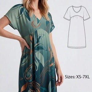 May include: A green V-neck dress with a botanical print in teal, olive, and copper. The dress has short sleeves and a gathered waist. A line drawing of the dress is next to it. Text on the image reads "Sizes: XS-7XL".