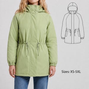 May include: A light green hooded jacket featuring a front zipper closure, a drawstring waist with toggles, and elasticized cuffs. The garment is shown alongside a black and white line drawing illustration of the same jacket and the text Sizes: XS-5XL.