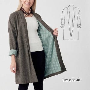 May include: A long, open-front coat in a dark brown tweed fabric. The coat features a light blue polka dot lining and cuffs. The image also includes a line drawing of the coat and text that reads "Sizes: 36-48".