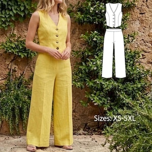 Puede incluir: Conjunto de chaleco sin mangas y pantalón de pernera ancha de lino amarillo. El chaleco tiene cuello en V y cierre de botones. El pantalón es de cintura alta. La imagen también muestra un patrón del conjunto. El texto en la imagen dice "Tallas: XS-5XL".