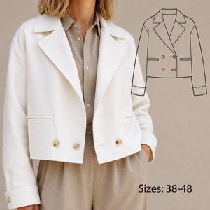 May include: A cropped white jacket with a notched lapel, long sleeves, and a double-breasted front featuring four buttons. The design includes two horizontal welt pockets and a technical line drawing illustration with the text Sizes: 38-48.