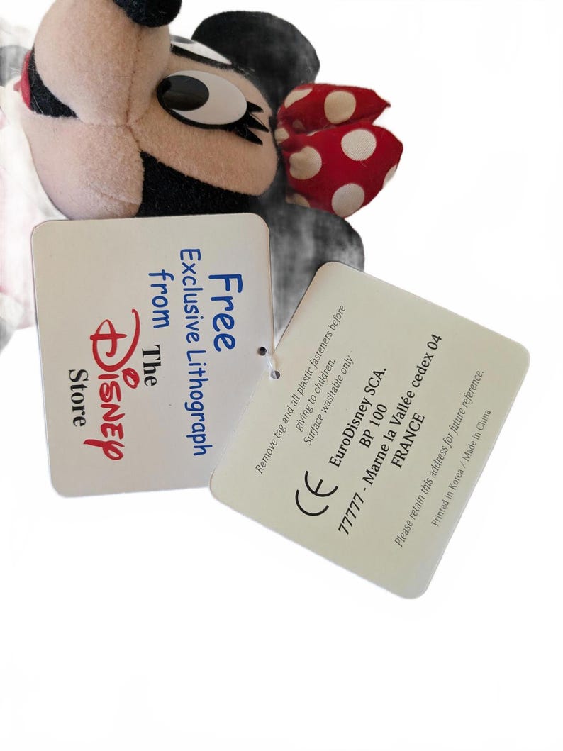 Peluche vintage de Minnie Mouse de Disneyland París, año 2000, con etiqueta litográfica, 21 cm. imagen 4