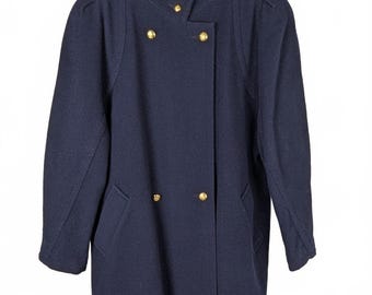 Abrigo Y2K Miss Smith de mezcla de lana, azul marino, estilo militar, con botones, talla UK 14, fabricado en Inglaterra.