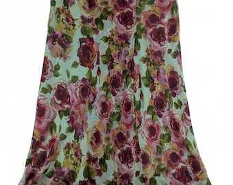 Falda vintage de seda floral multicolor de House of Fraser, años 90, corte A, platino