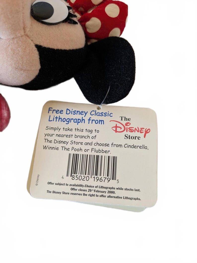 Peluche vintage de Minnie Mouse de Disneyland París, año 2000, con etiqueta litográfica, 21 cm. imagen 5