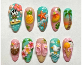 Tropical Beach Nail Art | 3D Snoopy Pineapple Starfish Coconut Flipflop Ice Cream Press On Nails | Cute Summer Fake Nails Set